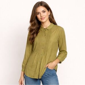 🌻J. Jill Silk Blend Olive Green / Chartreuse Pintuck Blouse Size Medium